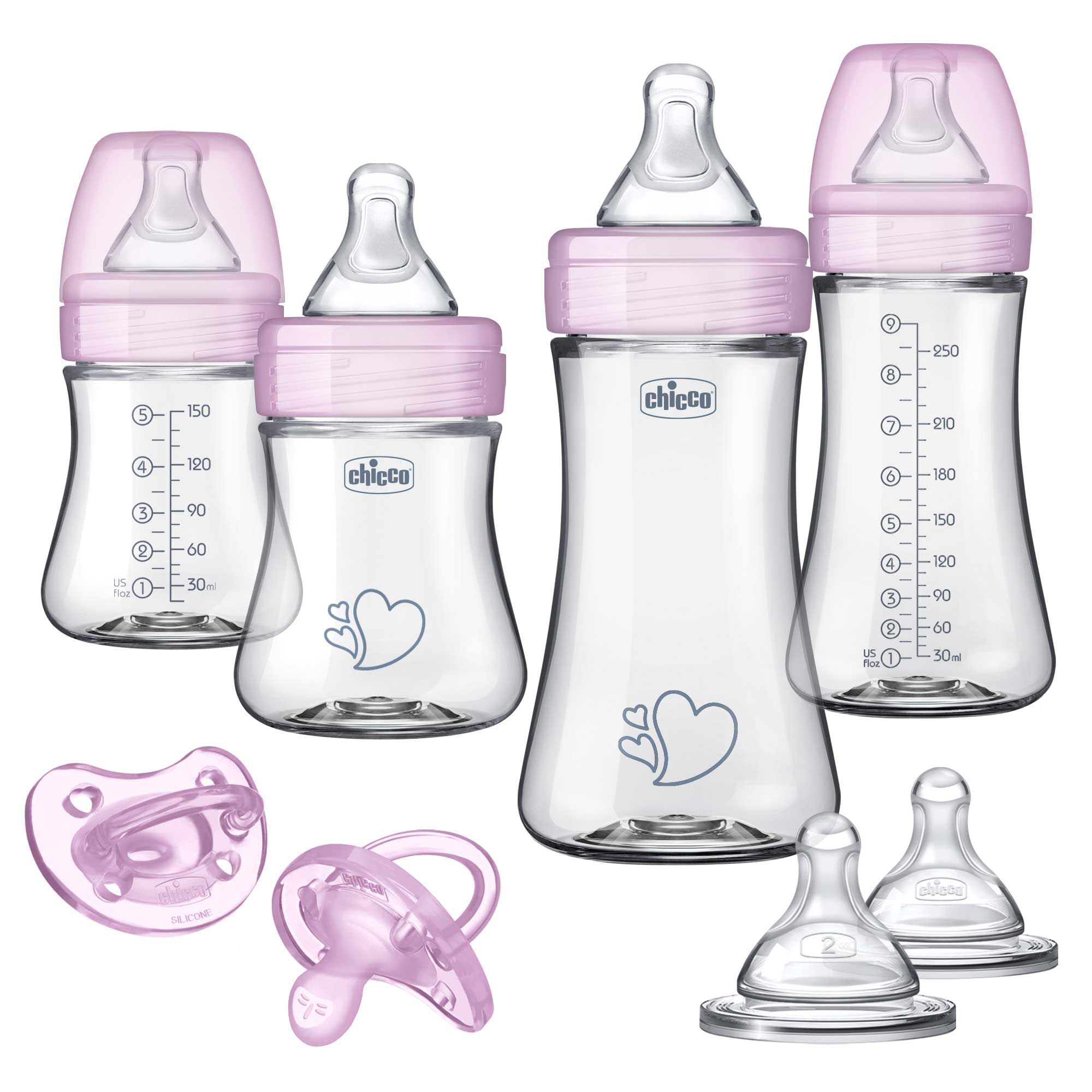 Chicco Duo Newborn Hybrid Baby Bottle Starter Gift Set with Invinci-Glass Inside/Plastic Outside, Pink