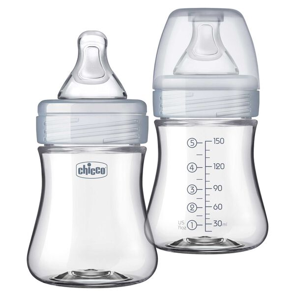 Chicco Duo 5oz. 2-Pack Hybrid Baby Bottles with Invinci-Glass Inside/Plastic Outside in Clear/Grey