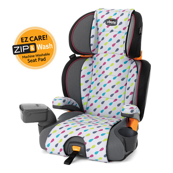 Chicco KidFit Zip 2-in-1 Belt Positioning Booster Car Seat in Gem style geometric pattern - pink, blue, lime green, and gray