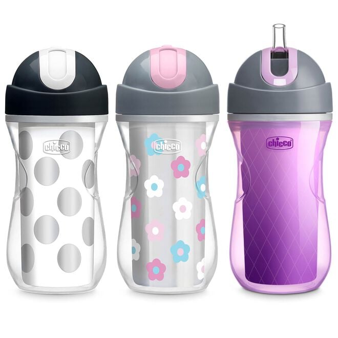 Chicco Insulated Flip-Top Straw Cup 9oz 12m+ (3pk) in Silver/Floral/Purple image number 0