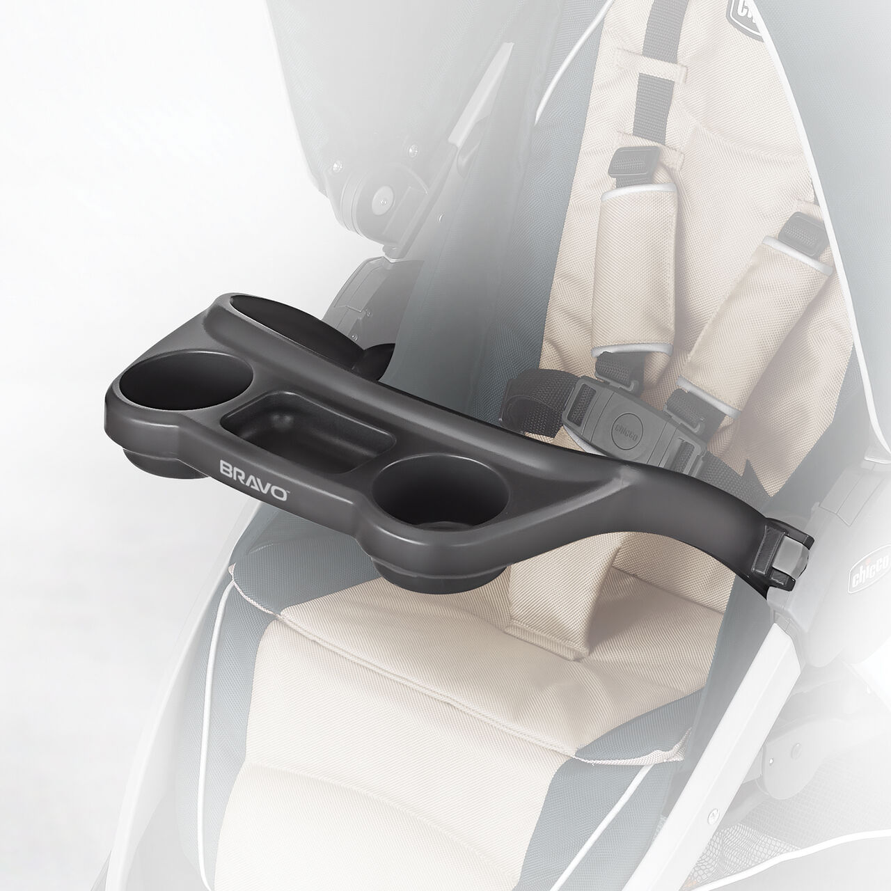 The Chicco Bravo Stroller with Chicco Bravo Stroller tray / car seat travel tray and KeyFit 30 Infant Car Seat Adapter attached image number 1