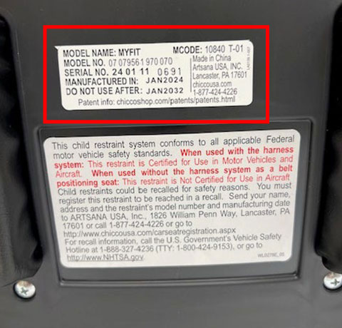 Chicco MyFit Zip Air Car Seat registration location detail image