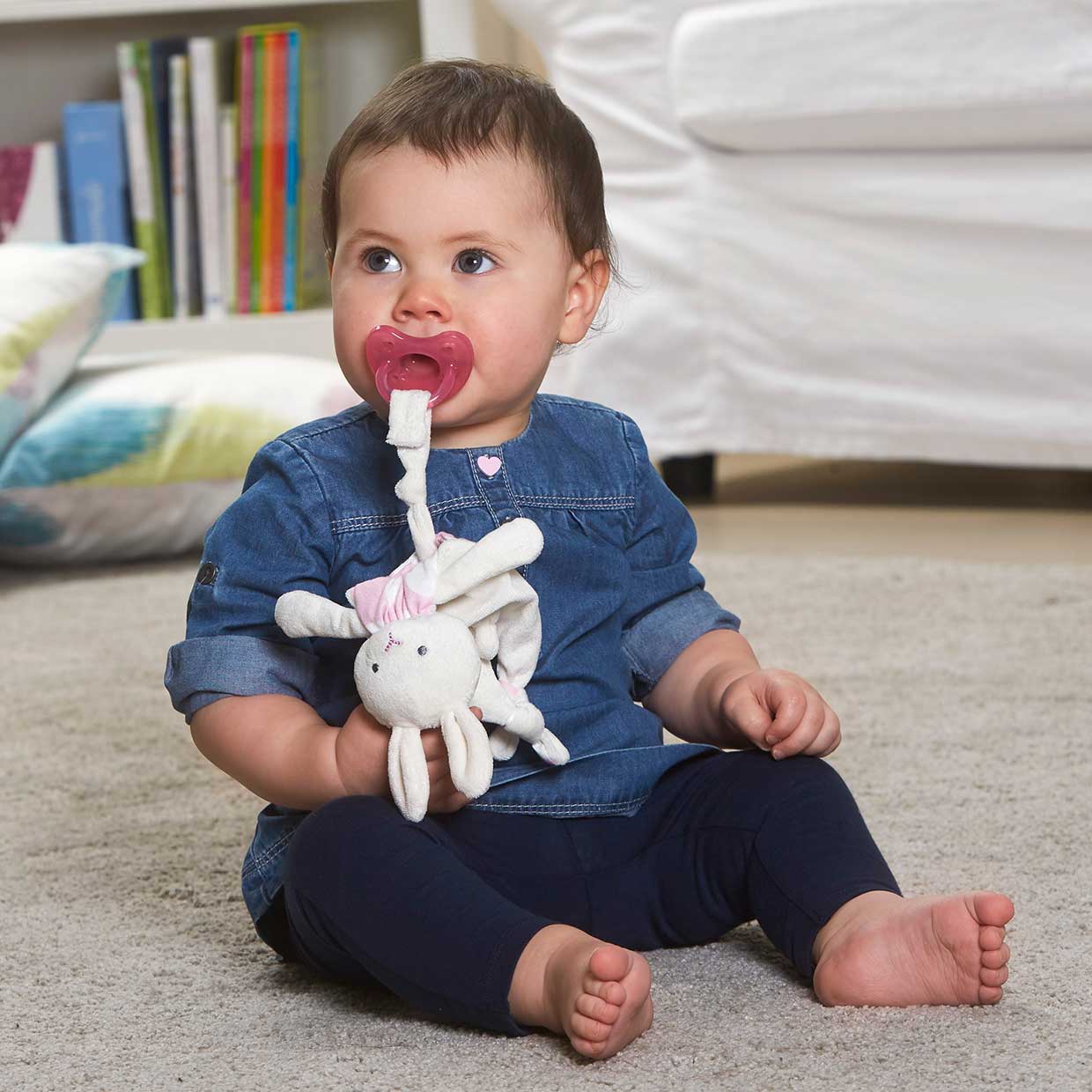 Baby with Chicco Pocket Buddies Soft Pacifier Lovey, Pink Bunny