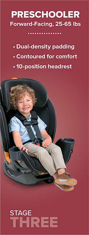 Chicco Fit4 Stage 3 Chicco Fit4 Stage 3 is Forward-Facing for Preschoolers who are 25-65 lbs.
