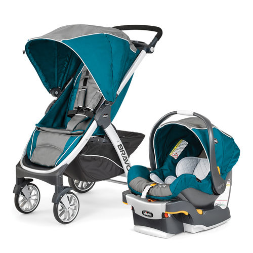 teal car seat and stroller