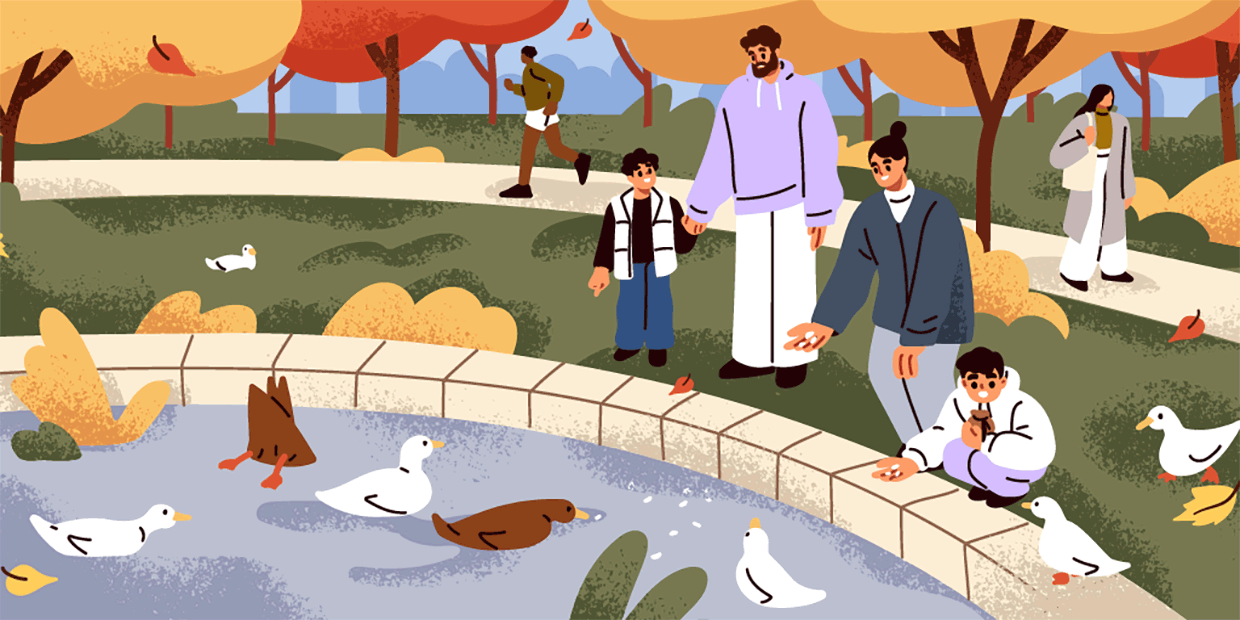 Illustration of a family is enjoying the fall weather in a park, feeding birds while people walk by in the background