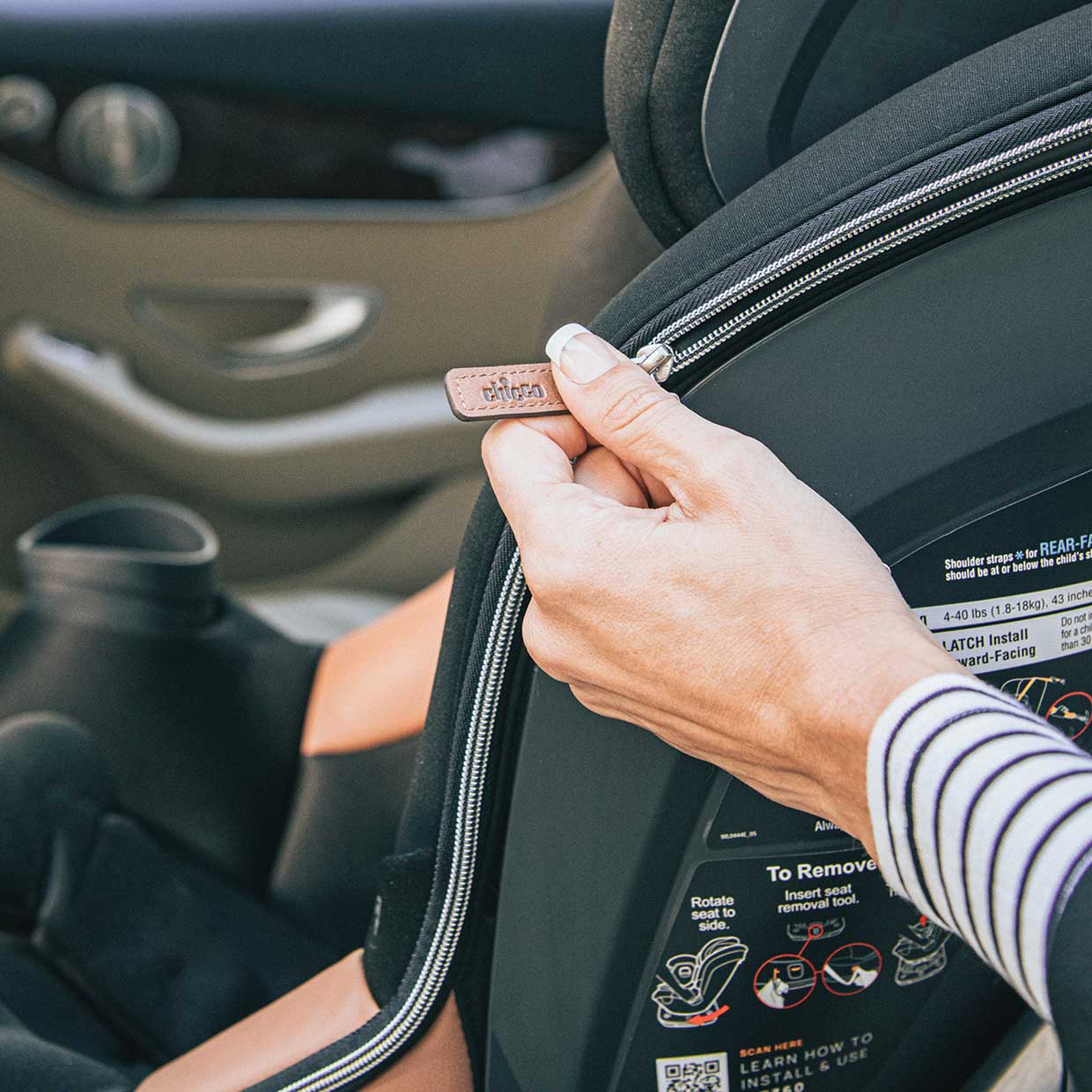 Chicco car seats have zip-off fabric covers, allowing for easy removal and deep cleaning.